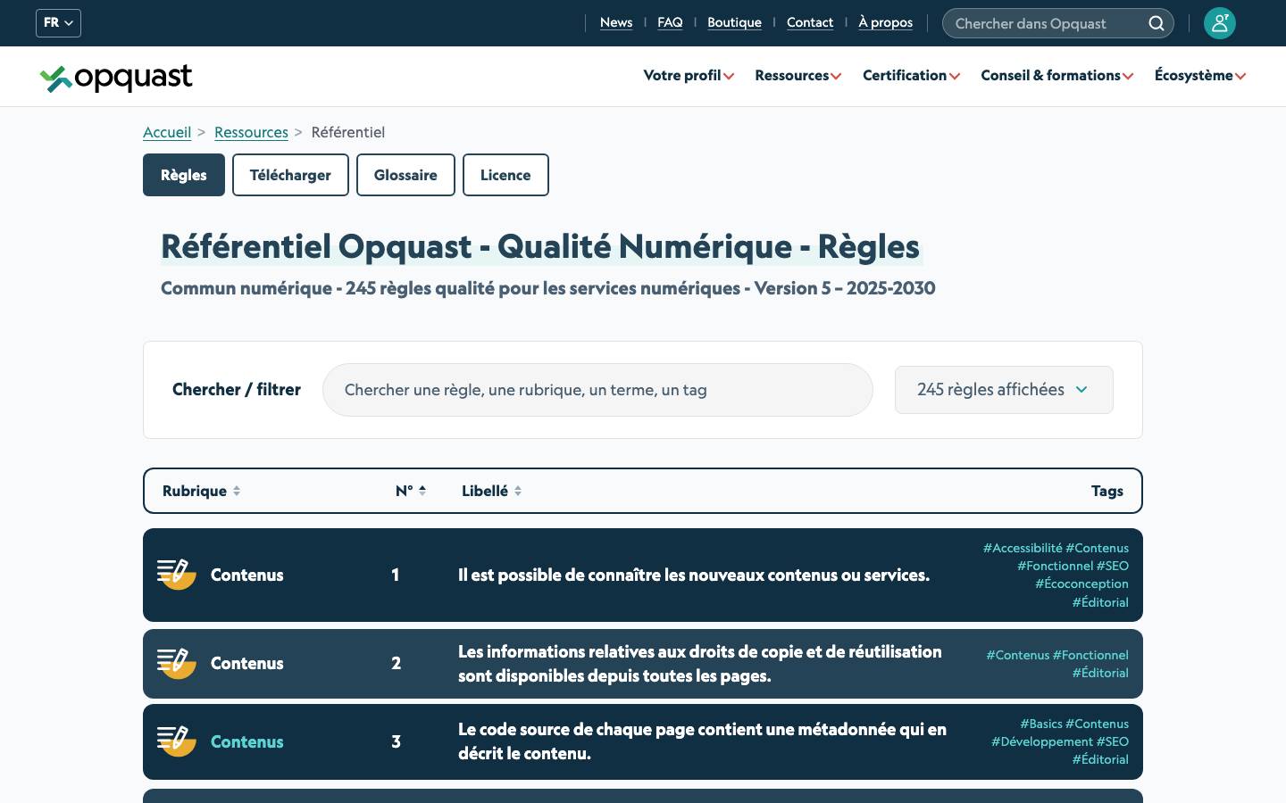 Page d'accueil de Checklist opquast