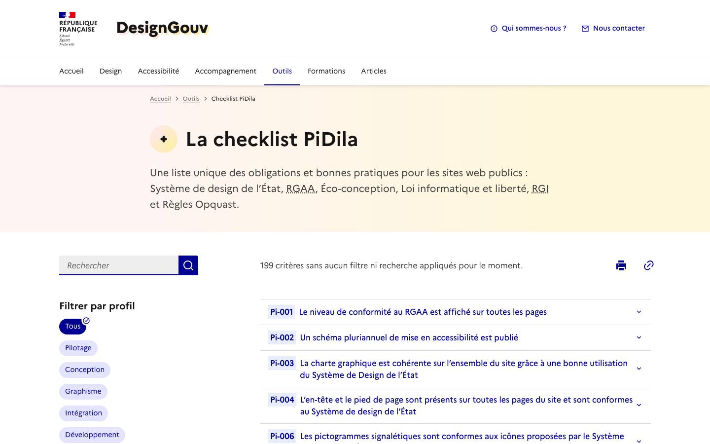 Page d'accueil de Checklist Pidila