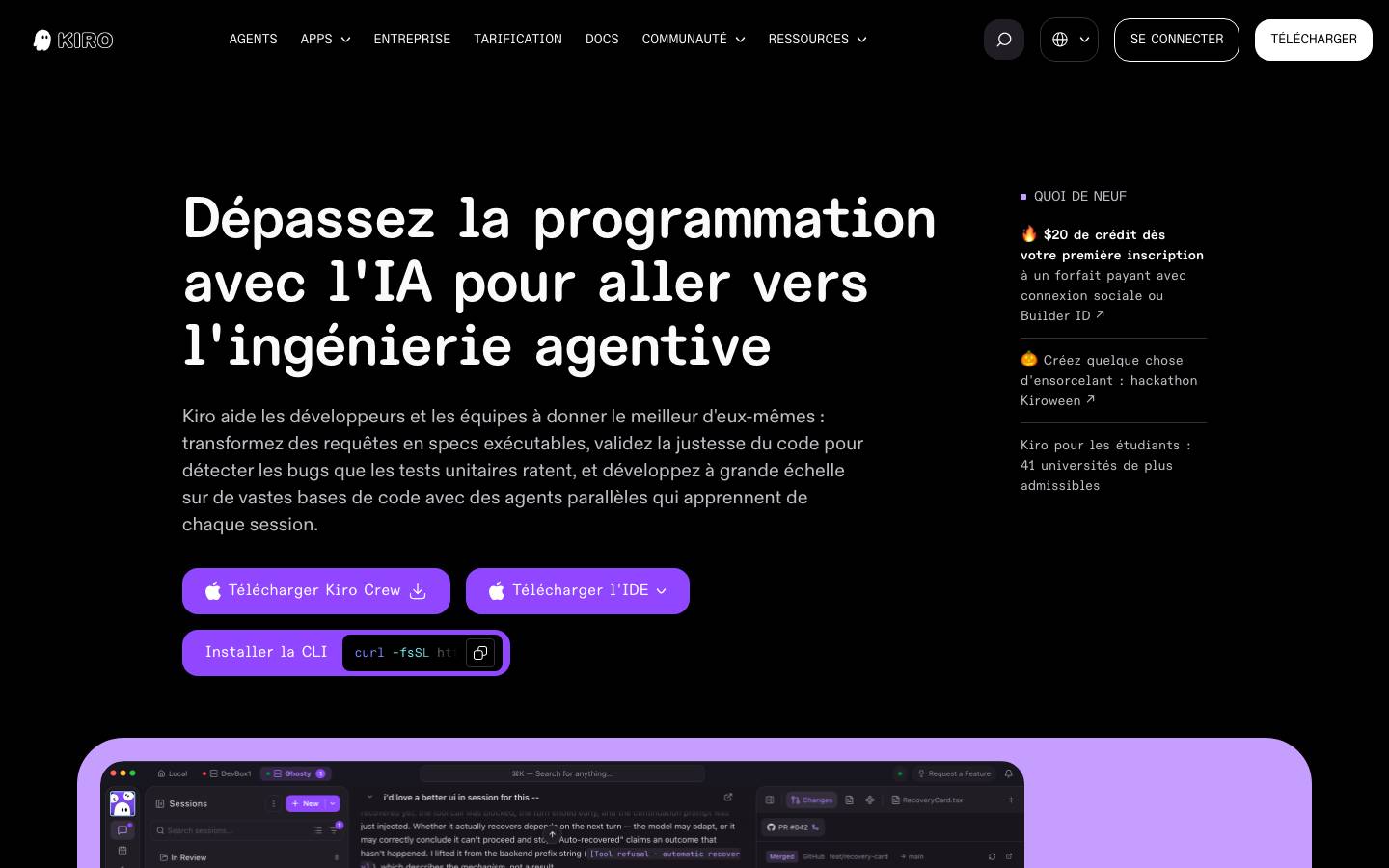 Page d'accueil de Kiro