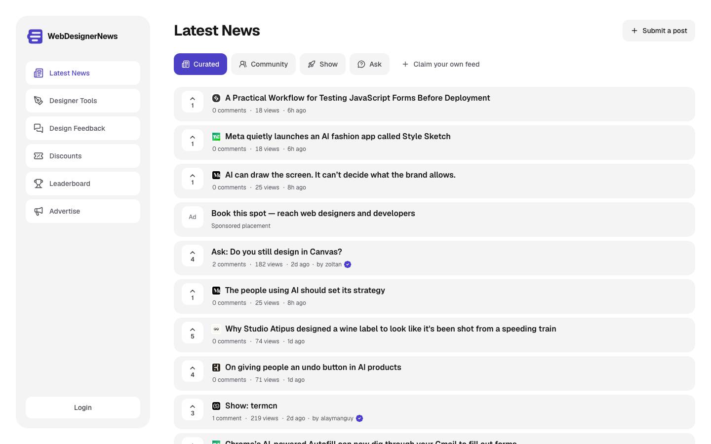 Page d'accueil de Webdesigners news